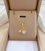 "Elegant Titanium 18k gold plated Steel Necklace – Rose & Cherry Blossom Pendant with Synthetic Zirconia, 18K Gold Plated Jewelry Gift" - Image 3