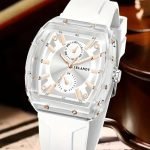 A stylish men’s quartz watch designed with a minimalist dial and a casual sports-inspired college style