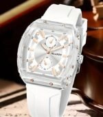 A stylish men’s quartz watch designed with a minimalist dial and a casual sports-inspired college style