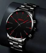 Men’s Black Quartz Watch – Sleek Stainless Steel Band, Zinc Alloy Case, Red Hands, Easy-Read Dial, Battery-Powered Movement, Perfect for Business Casual Style - Image 3