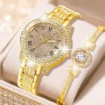 2pcs Women’s Glamorous Quartz Watches with Rhinestone & Gemstone Accents – Heart Bracelet, Digital Display, Ideal for Daily Wear & Gifts