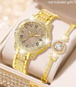 2pcs Women’s Glamorous Quartz Watches with Rhinestone & Gemstone Accents – Heart Bracelet, Digital Display, Ideal for Daily Wear & Gifts