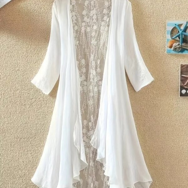 Women’s Casual Mid-Length Cardigan with Lace Stitching – Elegant Open Front Sweater