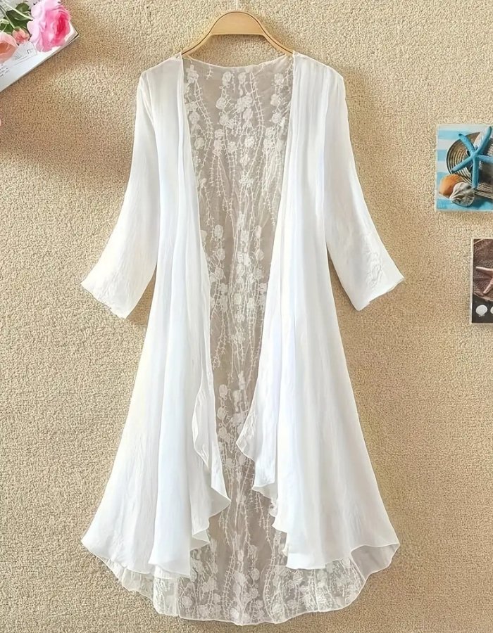 Women’s Casual Mid-Length Cardigan with Lace Stitching – Elegant Open Front Sweater