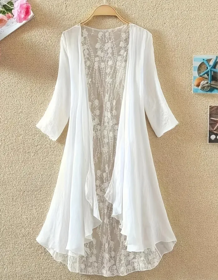 Women’s Casual Mid-Length Cardigan with Lace Stitching – Elegant Open Front Sweater