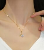 "Elegant Titanium 18k gold plated Steel Necklace – Rose & Cherry Blossom Pendant with Synthetic Zirconia, 18K Gold Plated Jewelry Gift" - Image 2