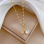 "Elegant Titanium 18k gold plated Steel Necklace – Rose & Cherry Blossom Pendant with Synthetic Zirconia, 18K Gold Plated Jewelry Gift"