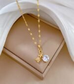 "Elegant Titanium 18k gold plated Steel Necklace – Rose & Cherry Blossom Pendant with Synthetic Zirconia, 18K Gold Plated Jewelry Gift"