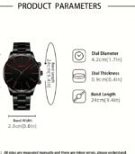 Men’s Black Quartz Watch – Sleek Stainless Steel Band, Zinc Alloy Case, Red Hands, Easy-Read Dial, Battery-Powered Movement, Perfect for Business Casual Style - Image 5