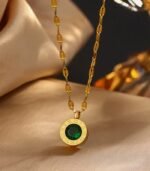 "Vintage 18K Gold-Plated Necklace – Roman Numeral Pendant with Blue Rhinestone, Stainless Steel Elegance" - Image 5