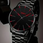 Men’s Black Quartz Watch – Sleek Stainless Steel Band, Zinc Alloy Case, Red Hands, Easy-Read Dial, Battery-Powered Movement, Perfect for Business Casual Style