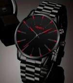 Men’s Black Quartz Watch – Sleek Stainless Steel Band, Zinc Alloy Case, Red Hands, Easy-Read Dial, Battery-Powered Movement, Perfect for Business Casual Style
