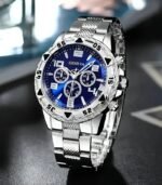 Men’s Sport Quartz Watch – Stylish Blue Dial, Stainless Steel Strap & Case, World Time Feature, Battery-Operated Everyday Wristwatch, Perfect Gift for Valentine’s, Father’s Day, Christmas, Birthdays & More - Image 6