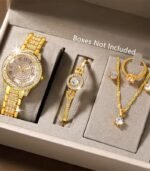 6pcs Golden Quartz Watch & Jewelry Set for Women – Elegant Necklace, Earrings, Bracelet, Ring & Gift Box - Image 3