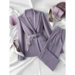 Elegant Solid Color Urban Commuter Suit with Belt & Long Pants – Women’s Chic Office Attire with Pockets