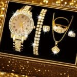 6pcs Women’s Luxury Quartz Watch & Jewelry Set – Roman Numeral Watch, Necklace, Bracelet, Earrings, Ring & Pendant Gift Box