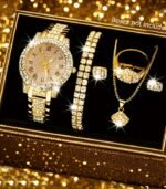 6pcs Women’s Luxury Quartz Watch & Jewelry Set – Roman Numeral Watch, Necklace, Bracelet, Earrings, Ring & Pendant Gift Box