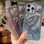 Shiny Diamond 3D Butterfly Phone Case for iPhone 13/14/15/16 – Elegant TPU Soft Cover for Women