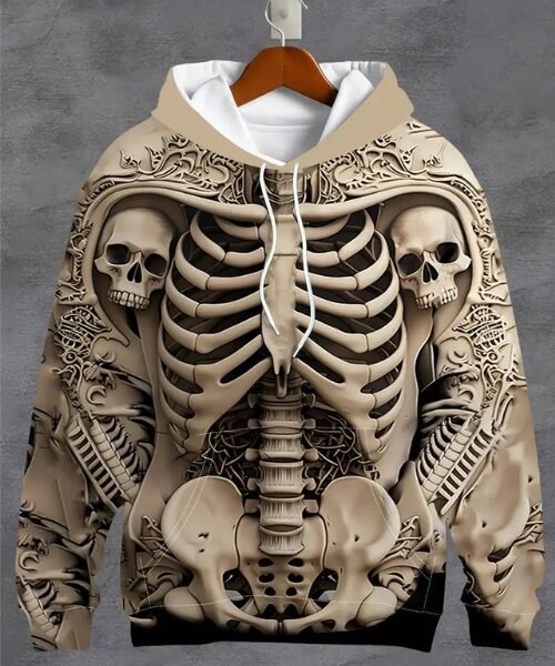 Men’s 3D Skeleton Print Hoodie – Stylish Long-Sleeve Casual Sweatshirt with Drawstring Pockets