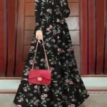 Women’s Elegant Floral Maxi Dress – Black with Red Flower Design, Lace-Up Front & Long Sleeves | Modest, Breathable & Stylish Outfit for All Seasons
