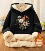 Women’s Floral Fleece Hoodie – Retro-Inspired Cozy Sweatshirt with Soft Lining | Warm Casual Pullover for Fall & Winter
