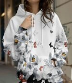 Women’s Floral & Butterfly Print Hoodie – Long Sleeve Pullover with Front Pocket | Soft, Stretchy & Machine-Washable Fabric for Casual Everyday Style - Image 3