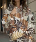 Women’s Oversized Botanical Leaf Print Hoodie – Cozy Full-Zip Hooded Sweatshirt with Earthy Tones | Loose-Fit Casual Outerwear for Fall & Winter - Image 3