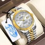 Men’s Luxury Luminous Stainless Steel Analog Watch – Golden Bezel, Blue Dial, Quartz Precision & Business Elegance