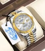 Men’s Luxury Luminous Stainless Steel Analog Watch – Golden Bezel, Blue Dial, Quartz Precision & Business Elegance