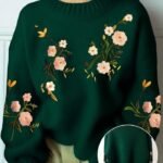 Women’s Soft Green Floral Embroidered Sweater – Cozy Autumn & Winter Fashion for a Feminine Look