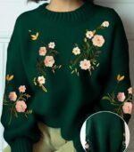 Women’s Soft Green Floral Embroidered Sweater – Cozy Autumn & Winter Fashion for a Feminine Look