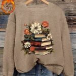Women’s Beige Floral & Book Print Sweater – Elegant Round-Neck Pullover with Literary-Inspired Design for All Seasons