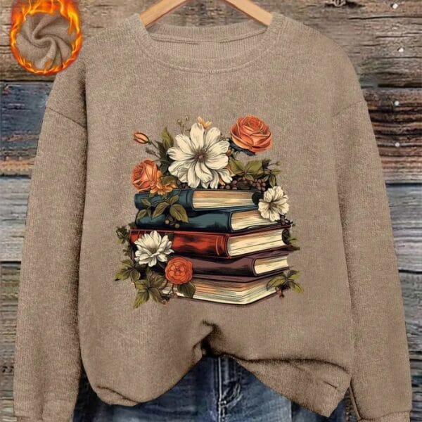 Women’s Beige Floral & Book Print Sweater – Elegant Round-Neck Pullover with Literary-Inspired Design for All Seasons
