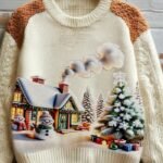 Women’s Festive Knit Christmas Sweater – Warm Winter Pullover with Faux Fur Trim & Holiday Print for Cozy Celebrations