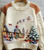 Women’s Festive Knit Christmas Sweater – Warm Winter Pullover with Faux Fur Trim & Holiday Print for Cozy Celebrations