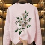 Women’s Blue Winter Sweater – Soft Slim-Fit Pullover with Leaf Pattern for Cozy Seasonal Style