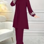 Women’s Embroidered Plant-Pattern Two-Piece Set – Long Sleeve Top & Pants | Elegant Arabic Outfit Without Headscarf