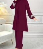 Women’s Embroidered Plant-Pattern Two-Piece Set – Long Sleeve Top & Pants | Elegant Arabic Outfit Without Headscarf
