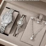 6pcs Golden Quartz Watch & Jewelry Set for Women – Elegant Necklace, Earrings, Bracelet, Ring & Gift Box