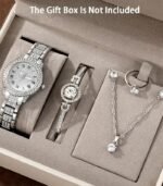 6pcs Golden Quartz Watch & Jewelry Set for Women – Elegant Necklace, Earrings, Bracelet, Ring & Gift Box