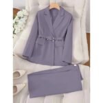 Elegant Solid Color Urban Commuter Suit with Belt & Long Pants – Women’s Chic Office Attire with Pockets - Image 2