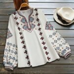 Women’s Ethnic Floral V-Neck Blouse – Lantern Sleeves, Lightweight Fabric & Casual Vacation Style | All-Season Elegant Top