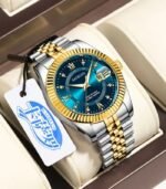 Men’s Luxury Luminous Stainless Steel Analog Watch – Golden Bezel, Blue Dial, Quartz Precision & Business Elegance - Image 3