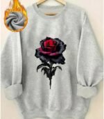 Women’s Rose Floral Fleece Sweater – Thick Winter Warm Round Neck Casual Pullover - Image 2