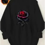 Women’s Rose Floral Fleece Sweater – Thick Winter Warm Round Neck Casual Pullover