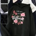Women’s Pink “It’s Different” Floral Hoodie – Soft Long-Sleeve Pullover Featuring “With You” Print | Trendy, Cozy & Stylish Choice for Fall and Winter Casual Wear