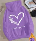 Women’s Snowflake & Heart Print Hoodie – “Faith Hope Love” Back Design | Cozy Long-Sleeve Sweatshirt with Front Pocket | Comfortable All-Season Casual Wear for Women