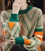 Women’s Korean Style Winter Sweater – Slim Fit Color-Block Pullover with Trendy Geometric Design - Image 3