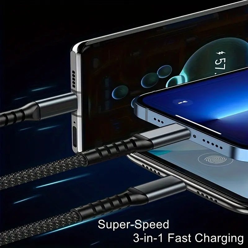 100W 3-in-1 Fast Charging Cable – Super-Speed USB-C, Micro-USB & Lightning Charger