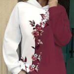 Women’s Gradient Ombre Hoodie – Burgundy & White with Cherry Blossom Print | Elegant Long-Sleeve Sweatshirt for Casual All-Season Wear